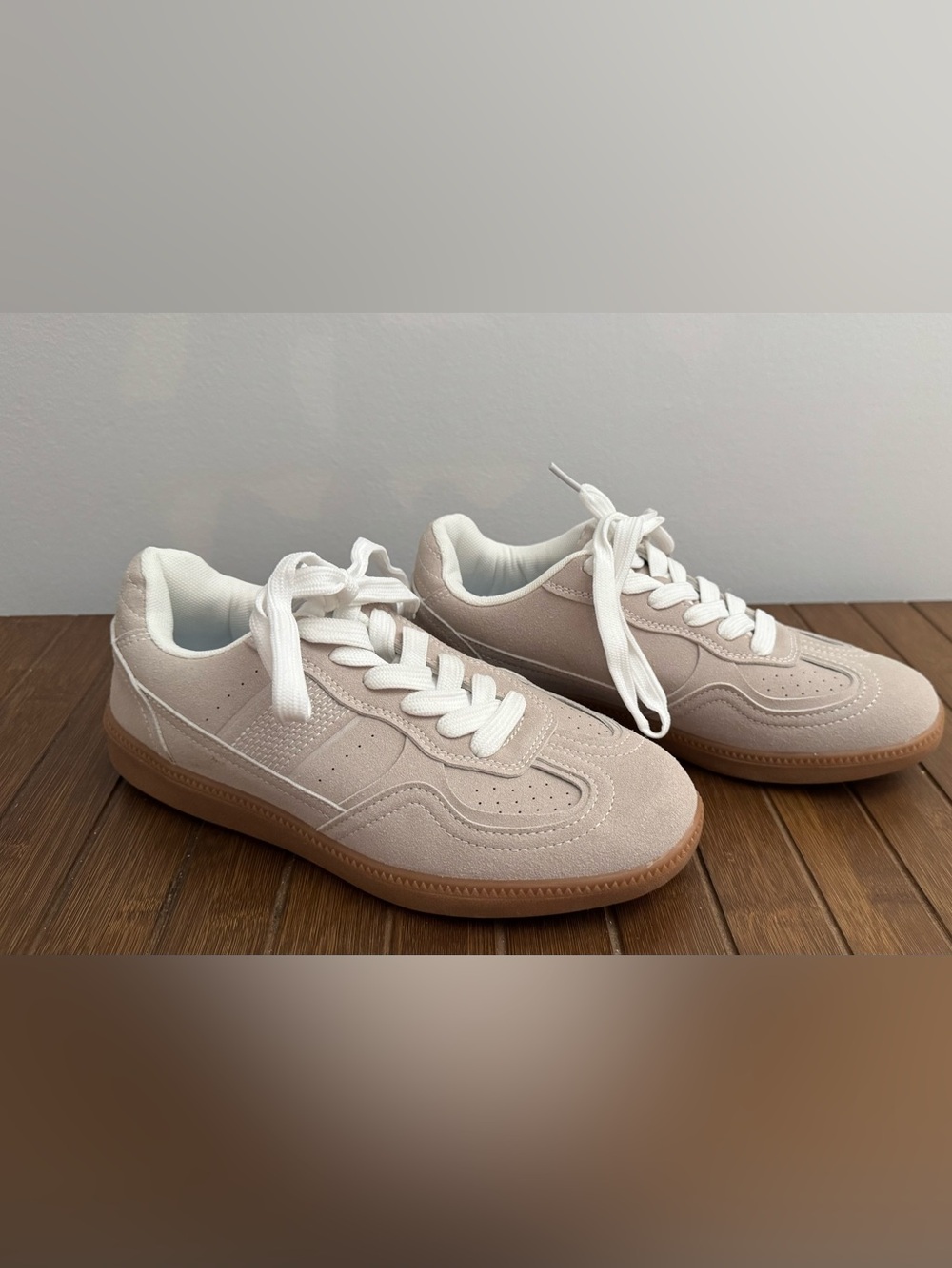 Tigerides Women's Suede Sneakers in Light Taupe with White Laces